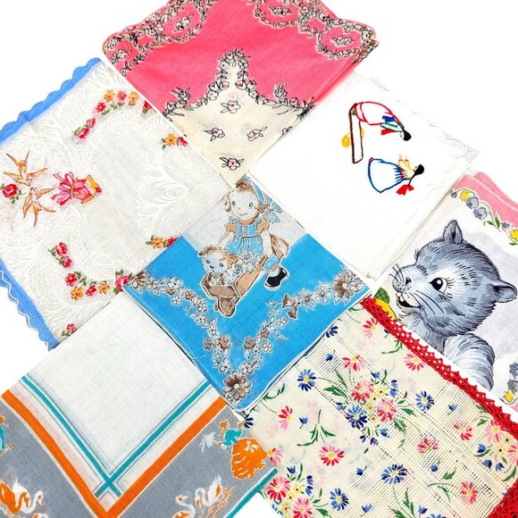 Vintage Handkerchief Lot Of 8 Embroidered & Printed Designs Cotton/linen blend - Picture 2 of 16